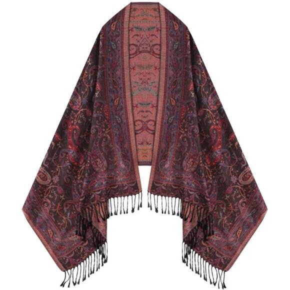 Accessories - Womens Paisley Pattern Scarf with Fringes Pink Black